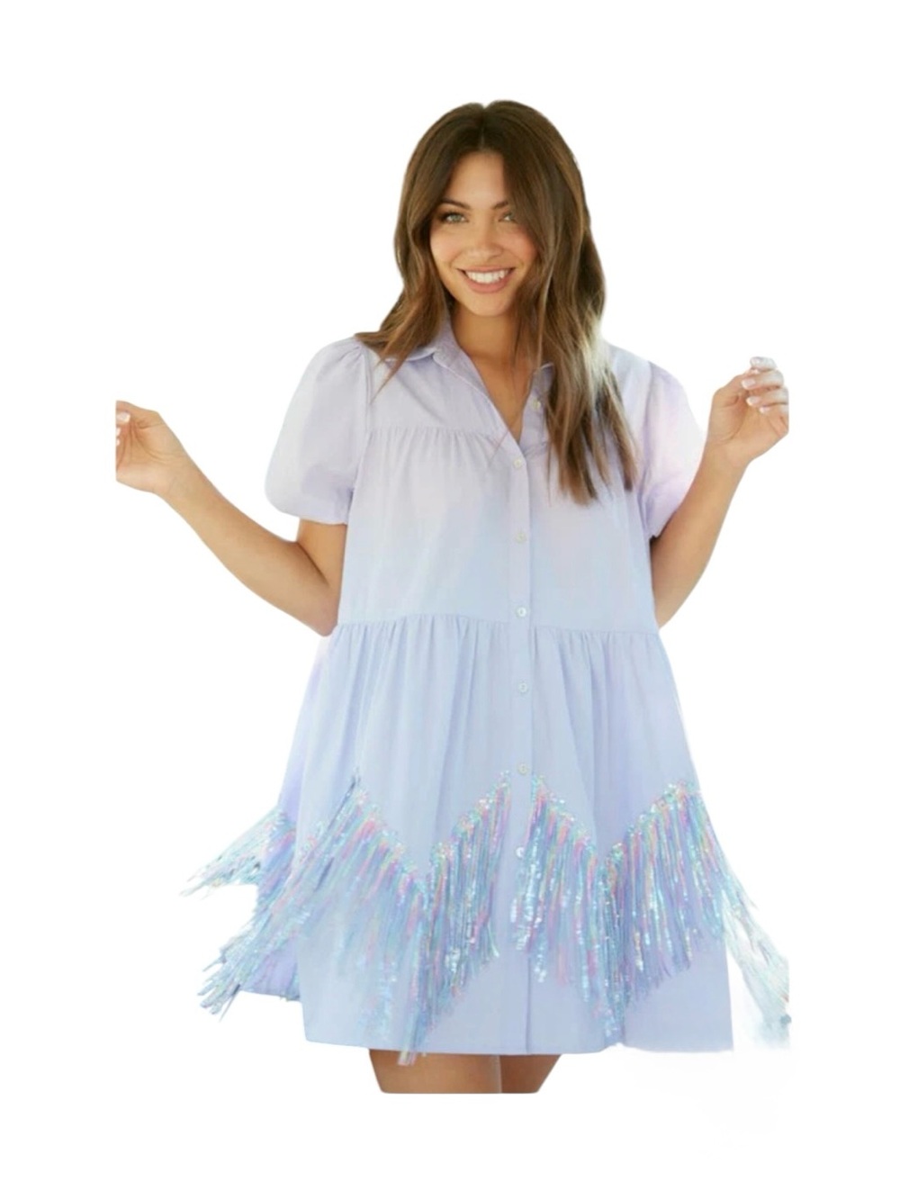 Fantastic Fawn Purple Lavender Sequin Fringe Tiered Babydoll Dress
Medium